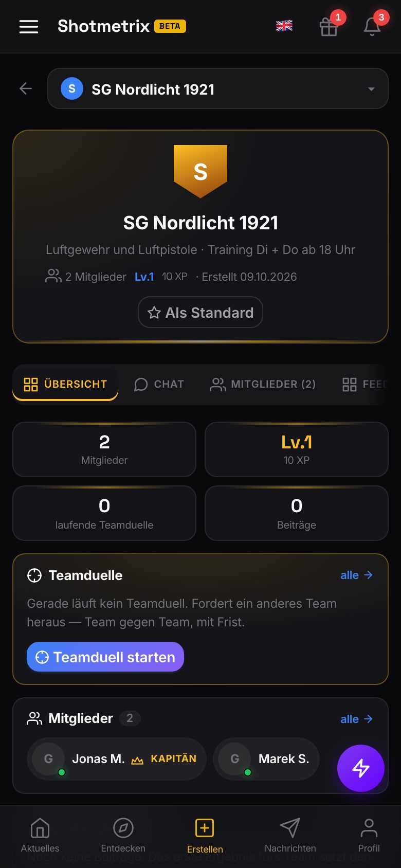 Teamseite am Telefon: Kopf, Kennzahlen, Teamduelle.
