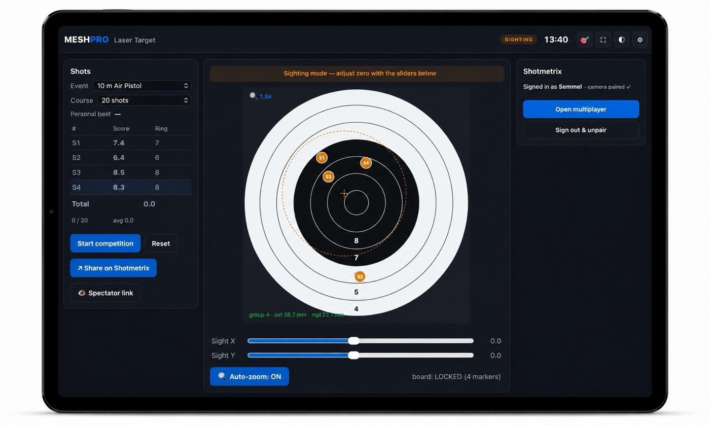Oberfläche des Laser Targets auf dem Tablet mit dem Knopf „Share on Shotmetrix